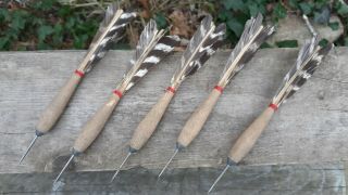 Vintage Deco Wood And Turkey Feather Darts 5 Weighted 7 "