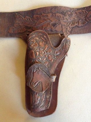 Vintage Brown Leather Hand Tooled Belt Gun Holster W/ Belt Buckle