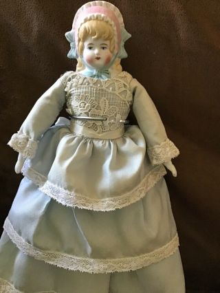 1890’s Bonnet Head Doll Pink And Blue Molded Bonnet 11” Tall,  Rare Model