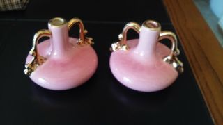 2 Pink Candle Holders 22k Gold Trim Retro Ceramic 1950s Mid Century Candlesticks