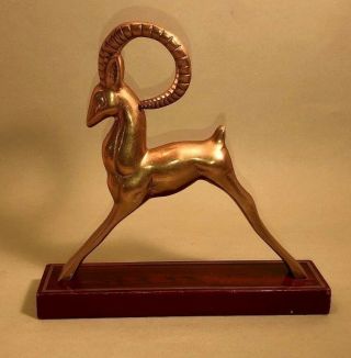 Vintage Mid - Century Brass Ibex Gazelle Ram Figurine On A Wood Base