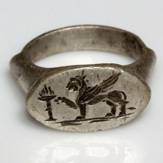 Ancient Greek Hellenic Silver Seal Ring Winged Lion Depiction Circa 300 - 50 Bc