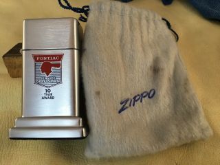 Vtg Zippo Table Lighter Pontiac Service Craftsman 10 Year Award W/ Cloth Bag