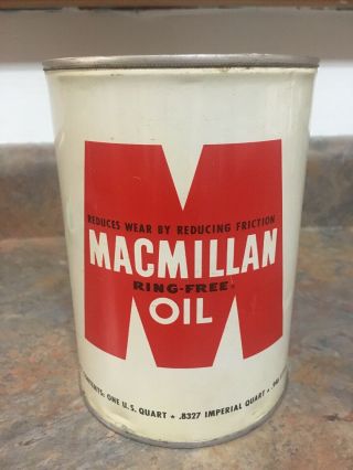Vtg Macmillan Motor Oil Can Metal One Quart Can 1948 Copyright,  Oil Advertising