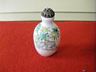 Vintage Asian Glass Green & White Hand Painted Snuff Bottle With Dipper