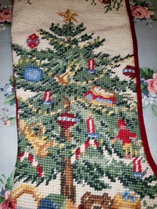 Vtg 19 " Wool Needlepoint Christmas Eve Stocking Decorated Christmas Tree Toys