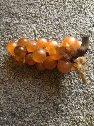 Large Vintage Lucite Acrylic Resin Grape Cluster On Driftwood Stem Orange Amber