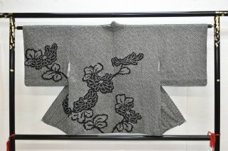 Vintage Silk Kimono Jacket:fully Shibori Black Chrysanthemum@yr31