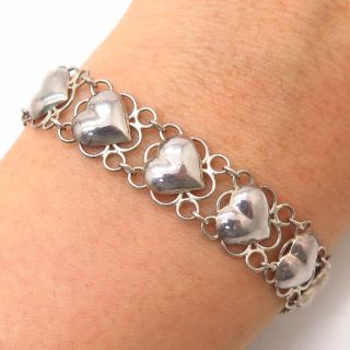 925 Sterling Silver Vintage Heart Link Bracelet 7 1/4 "