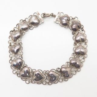 925 Sterling Silver Vintage Heart Link Bracelet 7 1/4 