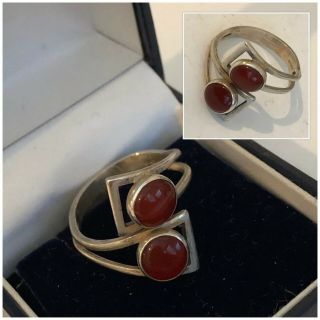 Vintage Jewellery 925 Silver & Amber 2 Stone Modernist Ring Size P