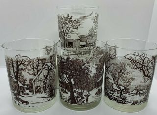 4 Vtg Currier & Ives Homestead In Winter Rock Glass Brown Thanksgiving Christmas