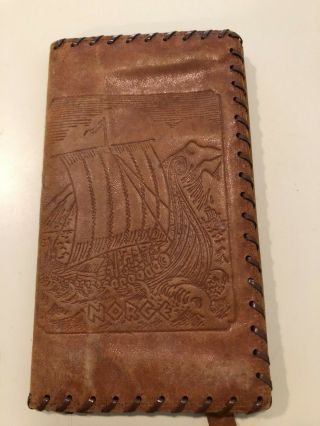Antique / Vintage Norwegian Norge Viking Ship Tan Leather Wallet