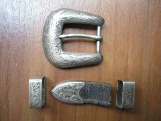 Vintage Sterling Silver Western Style Belt Buckle & Accessories Set