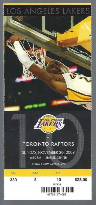 2008 - 09 Nba Raptors @ Lakers Full Basketball Ticket - Kobe Bryant Photo