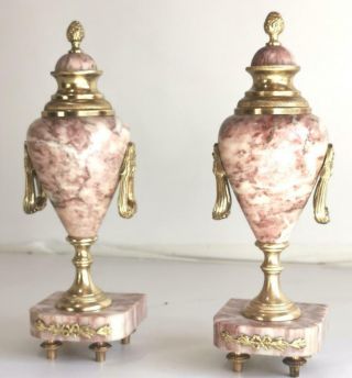 Antique Red Marble & Brass Mantle Clock Side Vase Urns