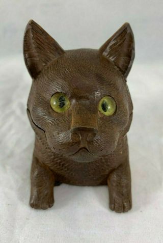 Antique Carved Black Forest Inkwell - Cat With Yellow Glass Eyes - Unusual