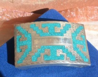 Fab Vintage Textured Tribal Sterling Silver Belt Buckle W/turq Stones Hallmarked