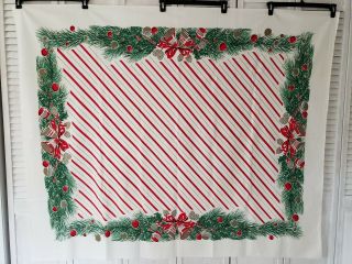 Vtg Mid Century Christmas Tablecloth Candy Cane Stripes Pine Boughs Ornaments