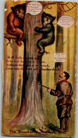 Cracker Jack Bears No.  15 Teddy Roosevelt With Gun,  Tree Vintage Postcard W10