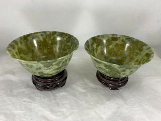 Vintage Chinese Jade Bowls (set Of 2) With Stands,  Box