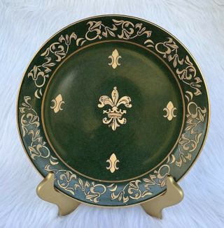 Vtg Collectible Fluer De Lis Plate By Andrea Sadek Green W/ Gold Trim Home Decor