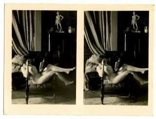 Vintage French Nude Stereoview Naked Young Lady Reading A Book