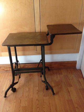 Vtg Hi - Lo 2 Tier Typewriter Stand,  Wood And Metal Table On Wheels Typing Desk