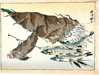 Kyosai An Japanese Multi - Color Woodblock " Sushi Fish & Bamboo Shoots "