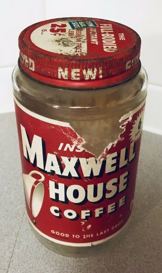 Vintage 1950s Maxwell House Instant Coffee 6 Oz Glass Jar Metal Lid With Label