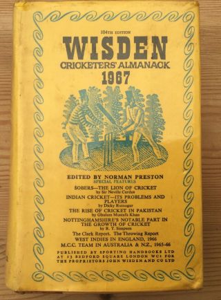 Vintage Book 1967 Wisden Cricketers Almanack Hardback 104th Edition Cricket