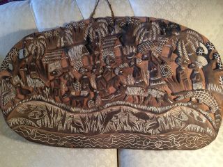 Very Large Antique Sepik River Carved African Wood Plaque With Figures & Animals
