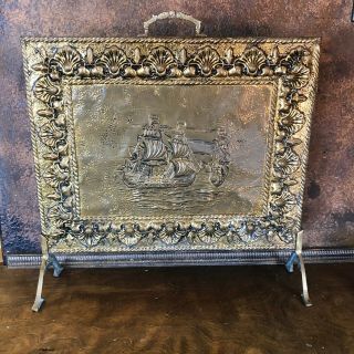 Vintage Art Deco Brass Nautical Clipper Ship Fireplace Hearth Cover Screen