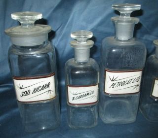 7 Antique Glass Label Apothecary Bottles 2