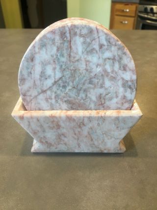 Vintage Set Of 6 Pink Marble Stone Coasters With Holder