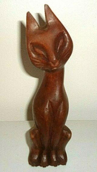 Hand Carved Wooden Cat Philippines Vintage Mid Century Modern Wood Figurine