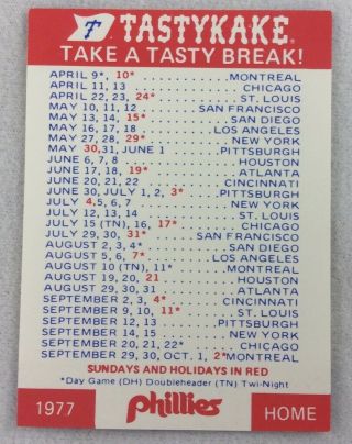 1977 Philadelphia Phillies Baseball Pocket Schedule Card - Tastykake