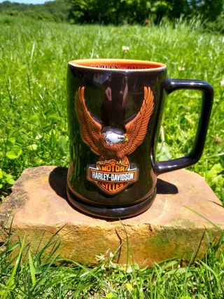 Harley Davidson 2002 Mug Large Coffee Cup 3d Embossed Eagle Black Orange 18 Oz