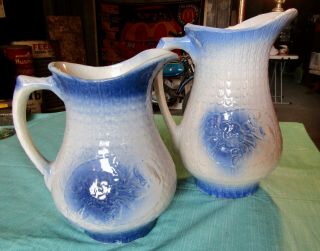 2 - Antique Blue & White Stoneware Pottery - Large & Med Pitcher Flowers Floral