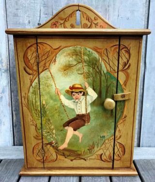 Antique Elizabeth E.  Dean Folk Art Painted Pine Wood Cabinet Signed Aafa 1940