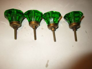 (4) Rare Green Antique Glass Emerald Drawer Pulls Knobs Vintage Brass Hardware