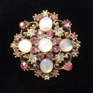 Vintage Pink & Opalesque Pin / Brooch Opal White Gold Tone Flower