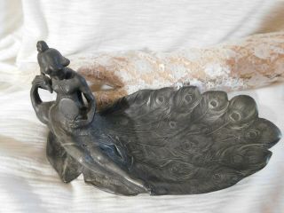 Stunning Antique Wmf Art Nouveau Card Tray Woman W/ Peacock Bird Silver Plated