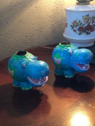 2 Rare Retro 1969 Neon Blue & Green Hippopotamus Hallmark Candle Holder Vintage