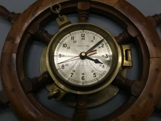 Vtg Nautical Ship ' s Time Brass Quartz Wall Clock Wood Wheel Large Dial 18 