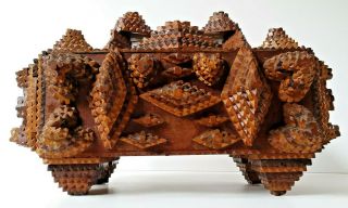 Vintage Antique Tramp Art Wood Wooden Trinket Treasure Cigar Box Hearts Diamonds