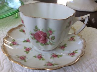 Vintage Victoria C & E Pink Roses Gold Trim Tea Cup & Saucer Bone China England
