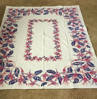 Vintage Red White Blue Cotton Tablecloth Fuchsia Flowers Surged Hemmed 50 X 64