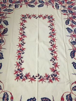 Vintage Red White Blue Cotton Tablecloth Fuchsia Flowers Surged Hemmed 50 X 64 2