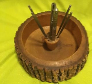 Vintage Ellwood Rusticware Wood Tree Bark Nut Bowl Nutcracker 4 Picks